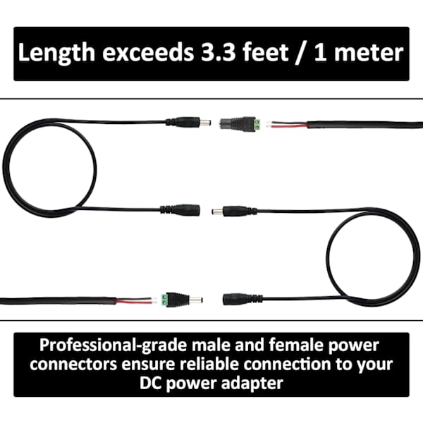 DC strømforlængerkabel, 2 stk. 5,5 mm 2,1 mm til
