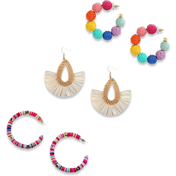 3 par øreringe i rattan-boho-stil