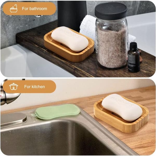 Set of 2 Natural Wood Bamboo Soap Dishes for Bathroom Kitchen Sponge Storage