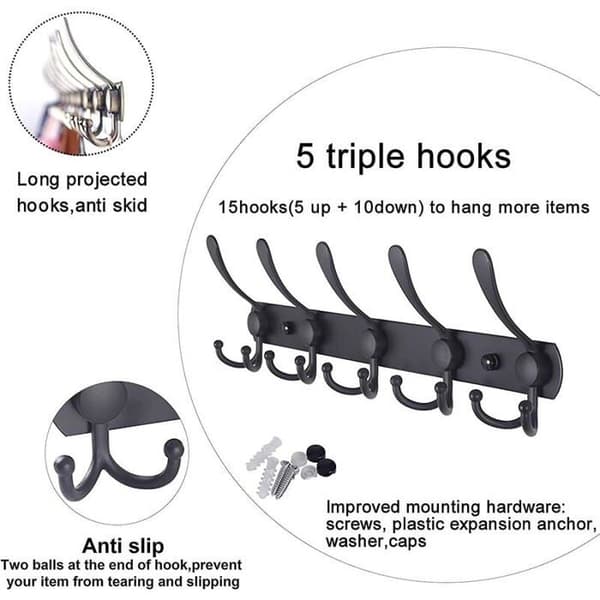 Wall-mounted 5-hook coat rack, stainless steel for bathroom or living room