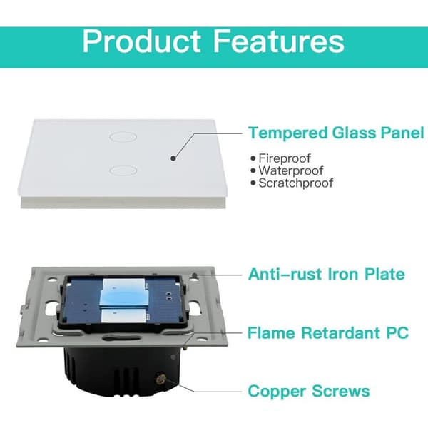 Touch Switch, White 2-Way Light Switch with LED Display Light, Touch Sensor Crystal Glass Panel Touch Switch - No Neutral Wire