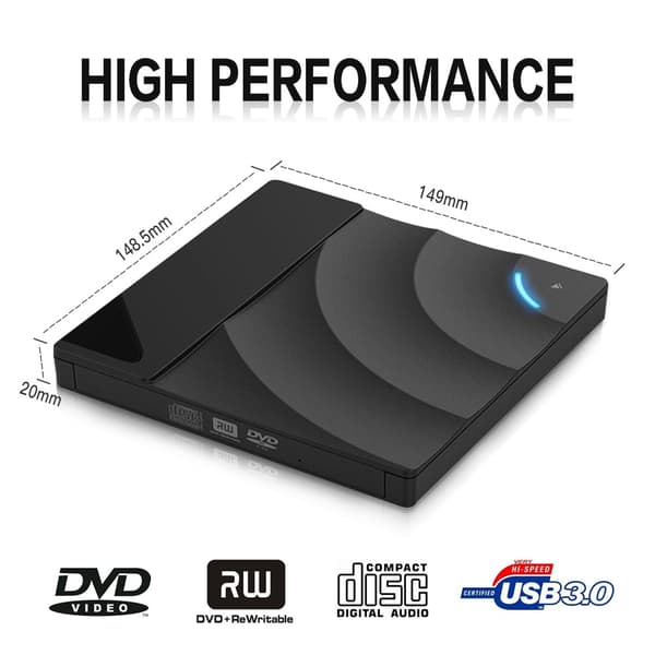 External Optical Drive Portable DVD Player, High-Speed USB 3.0 CD DVD-RW Slim Disk Reader (Blue)