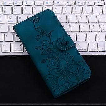 Compatible with Samsung Galaxy A12 Embossed Lily Wallet Case with Card Holder PU Leather Flip Case - Blue Blue