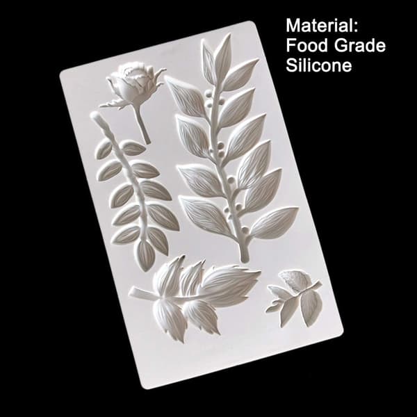 Silikoneform til blomster- og bladmønstre til marcipan - Rosenblad, gren med blade, vinstokblad