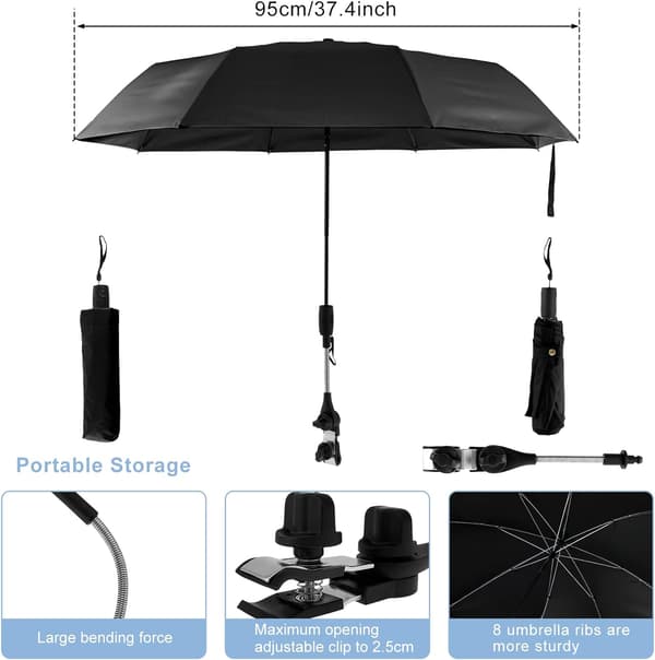 Universal Stroller Parasol 360° Adjustable Stroller Umbrella UPF 50+ Sun Protection Stroller Parasol with Adjustable Clamp Black Black