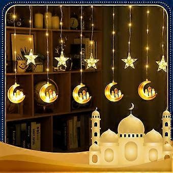 95 LED Ramadan-lyslenker Dekorasjoner LED Stjerne Måne Gardinlys for Soverom Hjem Utendørs Eid-lys med USB-fjernkontroll 8 Lysmoduser Eid