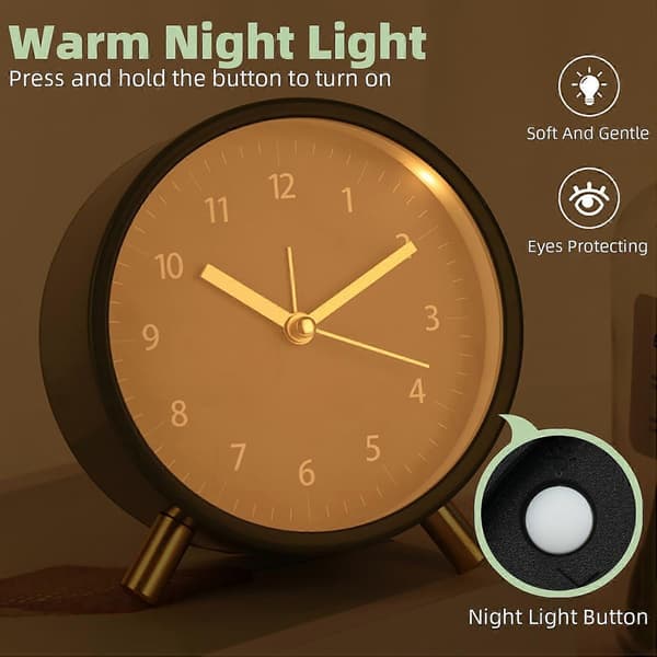 Non-ticking analog alarm clock, metal alarm clock with night light, silent alarm clock (green)[LD]