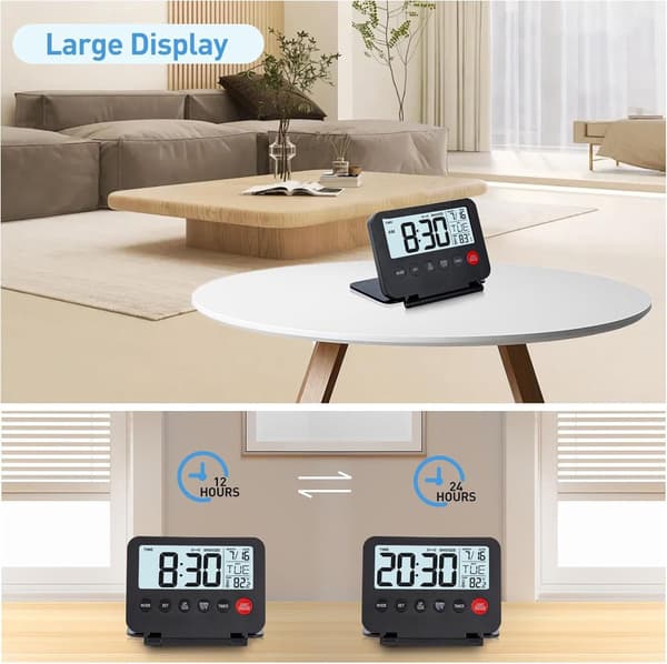 Ultratunn digital reseväckarklocka med stor LCD-skärm, datum- och temperaturvisning samt timerfunktion; svart.