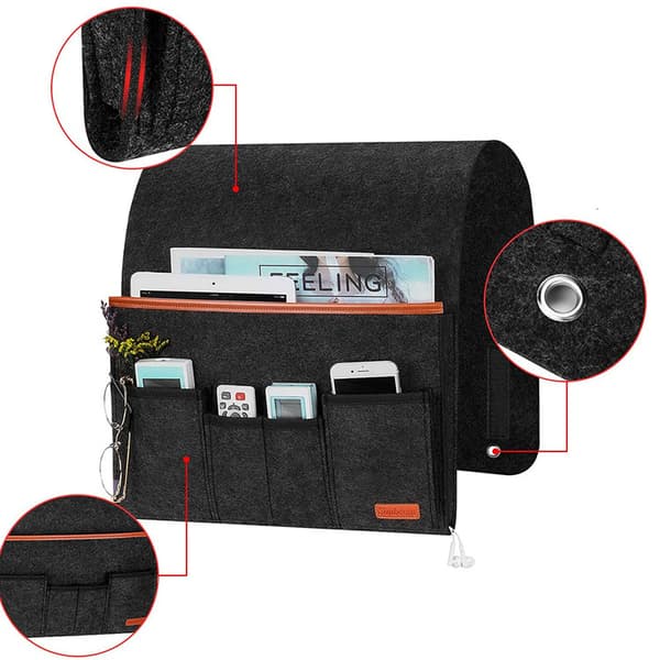 Armchair Armrest Caddy, Felt Hanging Chair Organizer, Sofa Remote Control Holder with 5 Pockets for Phone, iPad, Magazines, Glasses, Cables