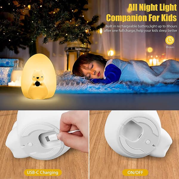 Squirrel Night Light for Kids, Cute Silicone Night Light with Touch Control, Soft Portable Rechargeable LED Lamp for Kids Room