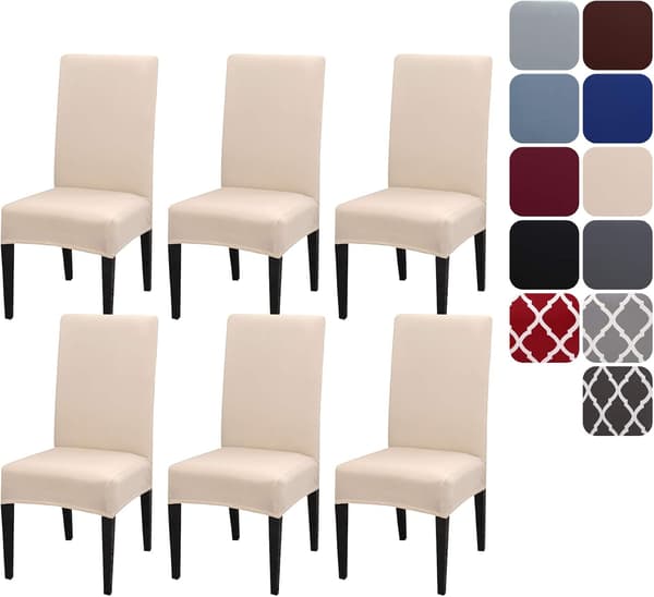 Strækbart stolebetræk, sæt med 4 eller 6, vaskbart og aftageligt, beige [JUN] 6 stk. beige 6pcs beige