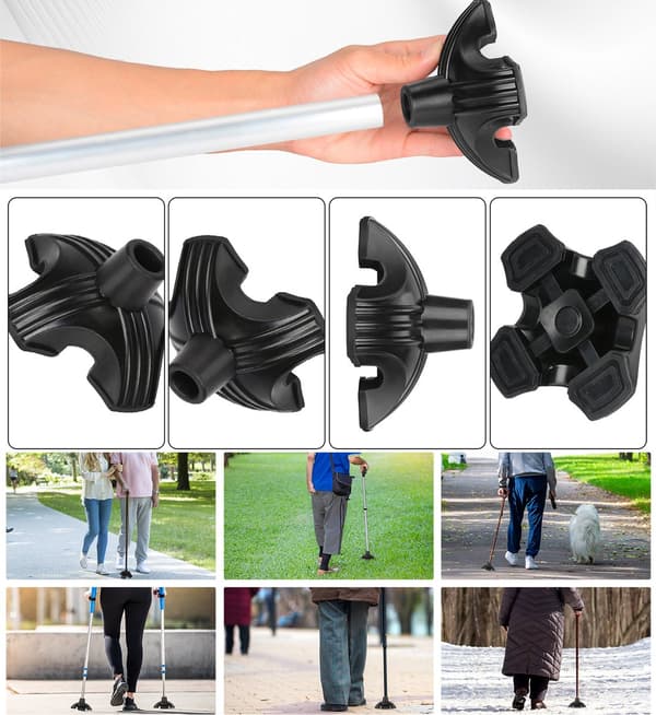Heavy-duty cane tip, quad base, for 19 mm cane, non-slip rubber for walking stick and crutches