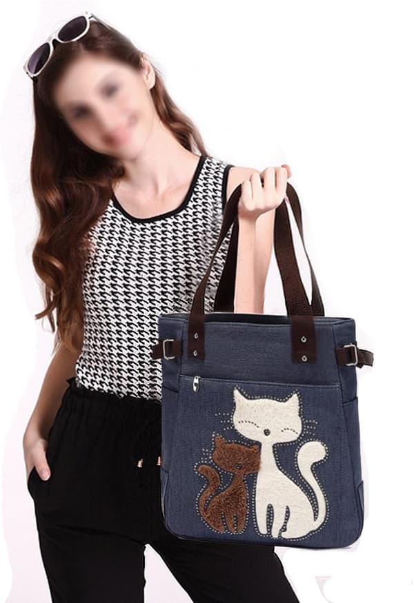 Kvinnor Canvas Tote Väskor Söta Katt Design Handväskor Axelväskor Mörkblå Dark Blue