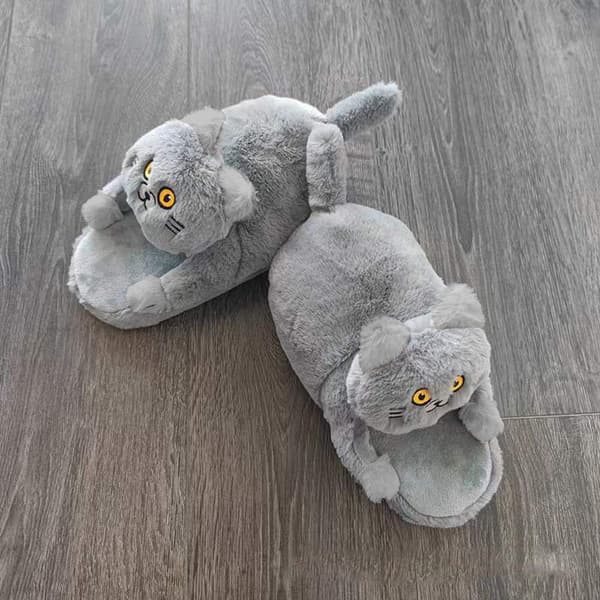（Grå Katt） Tecknade Söta Innetofflor - Vinter Mjuka Varma Plysch Hemmaskor - Unisex Emoji-tofflor