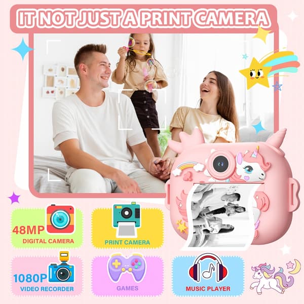 Digital Camera Kids Print Camera 2.4 Inch HD Screen Dual Camera Pink
