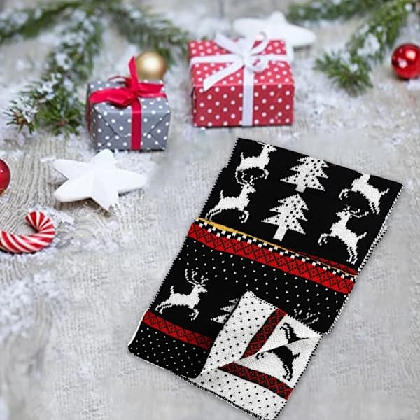 Vinter Jul Älg Scarf Varm Snö Geometrisk Sjal Stickad Lång Tjock Scarf Svart