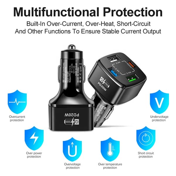 Avancerad Multi-USB-port PD 20W Snabbladdande Typ-C-billaddare med CE- och FCC-certifiering【COPL】