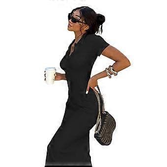 Dame Side Split Maxikjole Knapping Kort Erme Lang Bodycon Kjole Svart L(L Svart)
