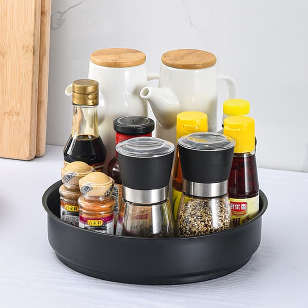 Rotating Storage Tray Creative Round Stainless Steel Kitchen Storage Tray (19.5X19.5X4.5CM, Black)