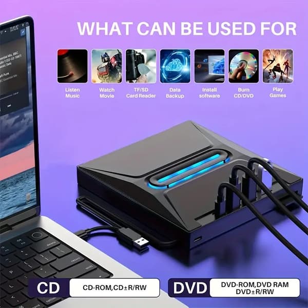 Ekstern DVD-stasjon, USB 3.0 bærbar, Type-C-kompatibel, CD/DVD +/-RW optisk stasjon