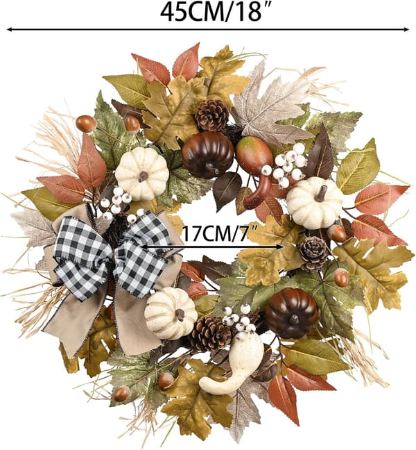 18\"/45cm Høstkrans til inngangsdør, kunstig høstkrans til Thanksgiving