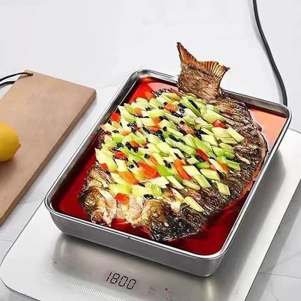 Stainless Steel Square Plate Tray BBQ Plate Container Kitchen Silver with Lid Silver with Lid
