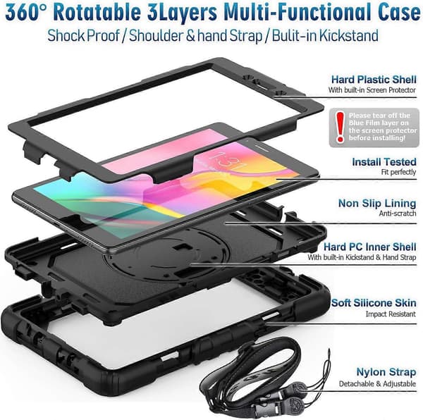 Robust Stöttåligt Skyddsfodral för Samsung Galaxy Tab A 8.0 \" 2019, Kraftigt 3-Lagers Skydd med Skärmskydd, 360° Roterbart Stöd [DB]