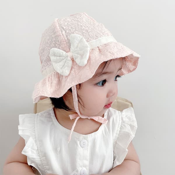 Rosa 1 st Spetsbåge sommar baby flicka hatt Bomulls solhatt Nyfödd baby hatt