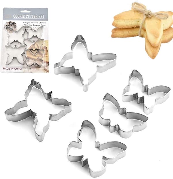 Sommerfuglform, 5-delt mini kakeformsett i rustfritt stål, brukes til DIY-baking av kaker og bakverk
