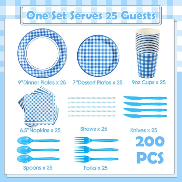 200 stk. Blå Gingham Fest til Bryllup Blå, hvid Blue,white