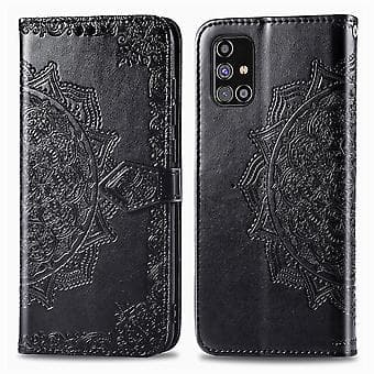 Horisontalt vendbart lærfutteral med Mandala-blomst for Galaxy M31s (svart)