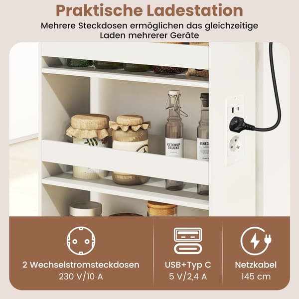Smal rullende oppbevaringsvogn – 4 etasjer, 20 cm, hvit/naturfarget