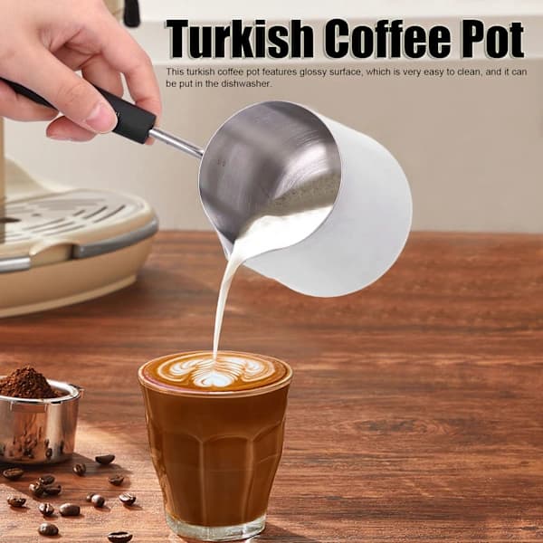 Tyrkisk kaffekande 600 ml, 304 rustfrit stål med blank, let at rengøre overflade, til kaffe, mælk, smør og chokolade, sølv