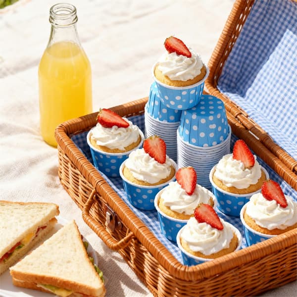 100 disposable mini muffin cups, ideal for cupcakes, muffins and brownies, blue polka dot pattern