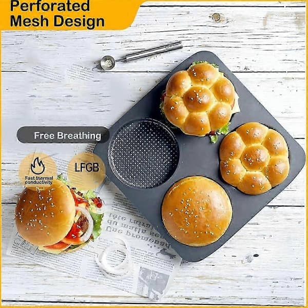 Hamburgerbrødform, 13 cm Non-Stick Karbonstål Hamburgerform, 4 Kopp Stor Bakeform for Hjemmelagde Hamburgerbrød