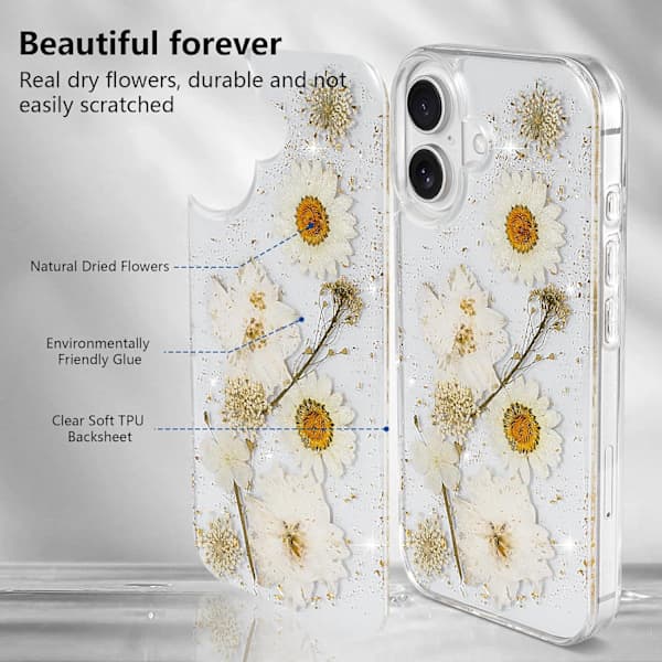 (Daisy) Blomsteretui til iPhone 16 Gennemsigtigt etui med ægte tørrede blomster, glitrende sødt blomsterdesign til kvinder og piger