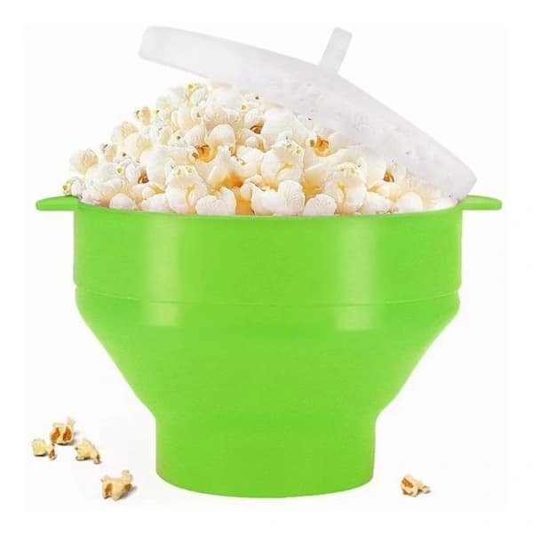 Foldable Silicone Popcorn Bowl with Handle and Lid - Green (1 pc)