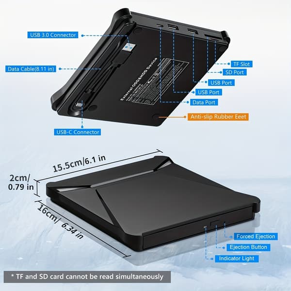5-i-1 Ekstern DVD-stasjon, Multifunksjonell USB3.0 CD/DVD-spiller