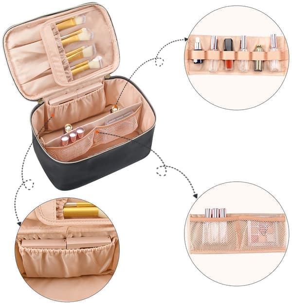 Travel Makeup Bag with Brush Compartment, Multiple Sections and Handle, Vegan Leather, for Women, Black 23.8x16.5x12cm