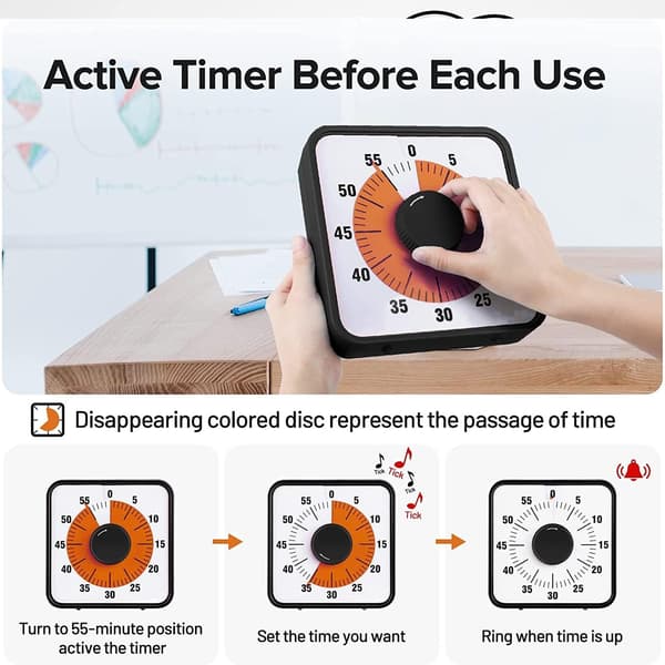 Visuell Timer STOR 60min - klasserom skole for barn 19cm Svart black