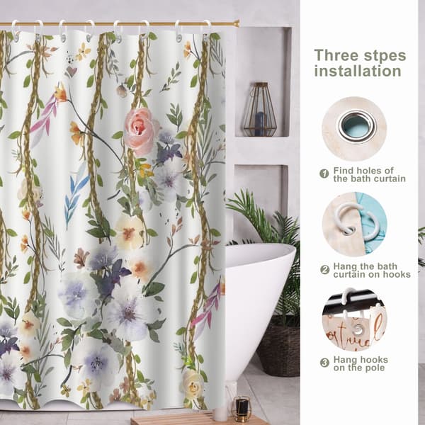 Badeværelsesgardiner, bondegårdsfugle og blomstermønster polyester badeværelsestilbehør til badekar 180x180cm