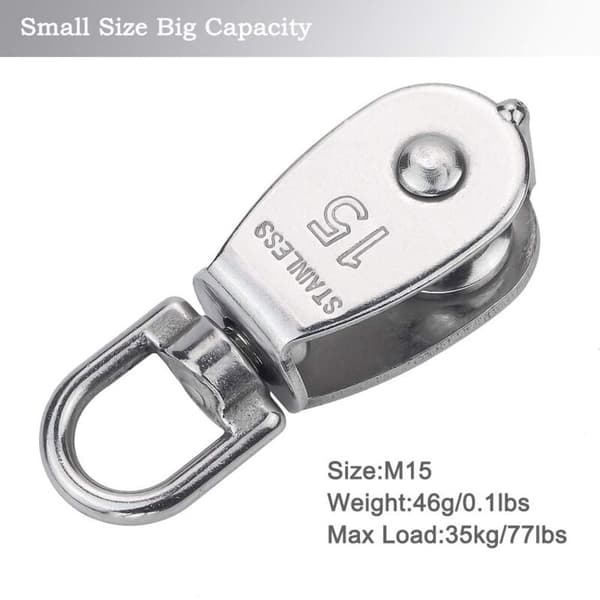 M15 304 Stainless Steel Single Pulley, 15MM Single Pulley Roller Blocks, Crane Swivel Hook Smooth Wire Rope Load 35kg (12 pcs).