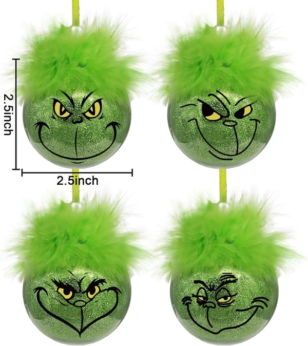 Julepynt til indendørs brug: 12 stk. søde Grinch juletræspynt med fluffy grønt hår, glitrende Grinch julekugler til træet
