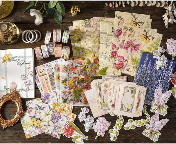 Plant Scrapbooking Kit, Junk Journal Kit with Washi Tape, Stickers, A6 Notebook, Botanical Bullet Jo