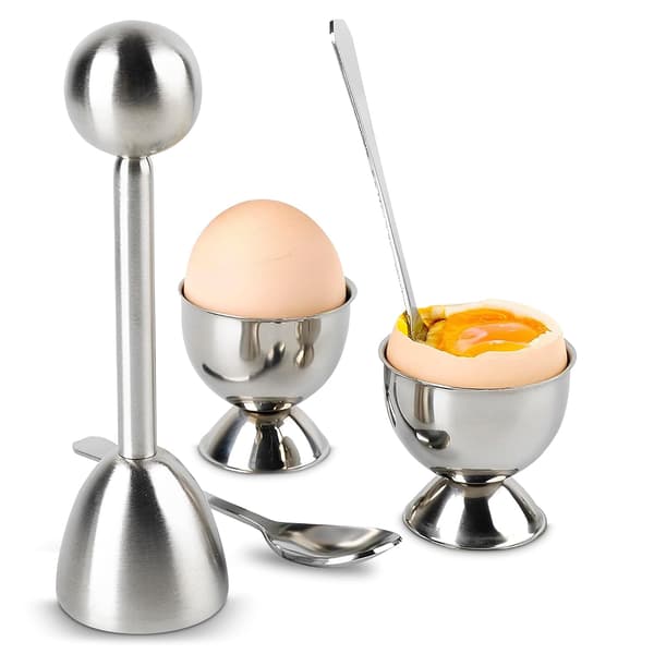 Eggshell opener, 2 egg cups for soft-boiled and hard-boiled eggs with 2 spoons, stainless steel construction, fits most egg sizes