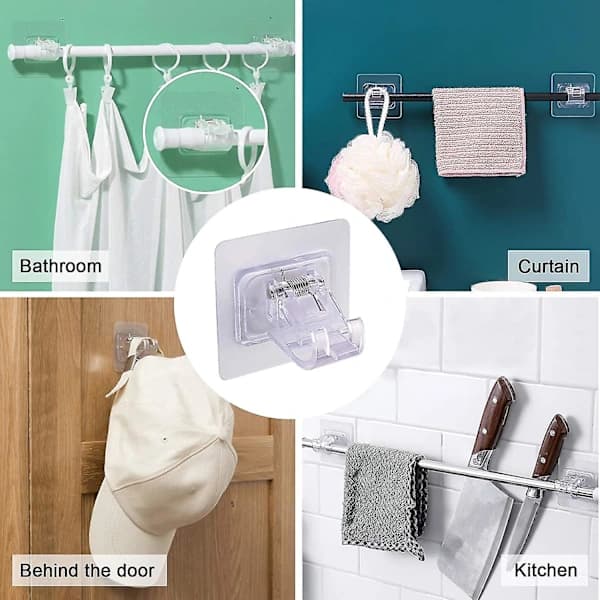 Drill-Free Curtain Rod Brackets, 8-Pack Self-Adhesive ABS Holders with 3M Adhesive for Bathroom Kitchen Windows, Transparent 15-20mm Rods