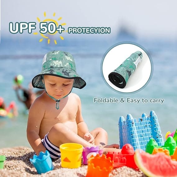 Solhat Børn Sommer Bucket Hat Bred Skygge Strandhat med Hagestrop UPF50 Dinosaur Flap Cap til Børn 2-10 År