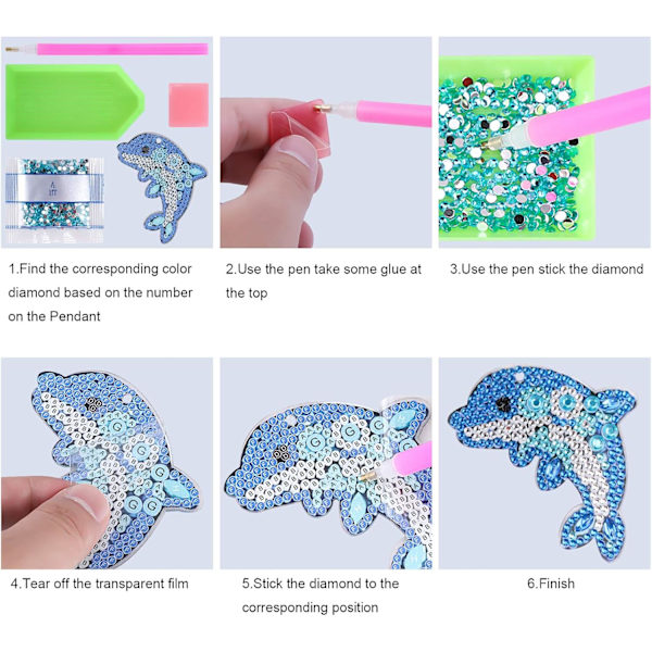 5 stk. 5D DIY Delfin Diamantmaleri Nøgleringe, Rhinestone D