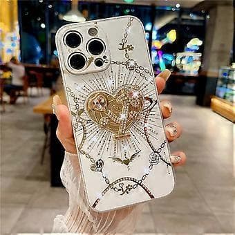 Kompatibelt deksel til iPhone 16 Pro med stativ TPU+PC Rhinestones Dekor Telefondeksel (Hvit)