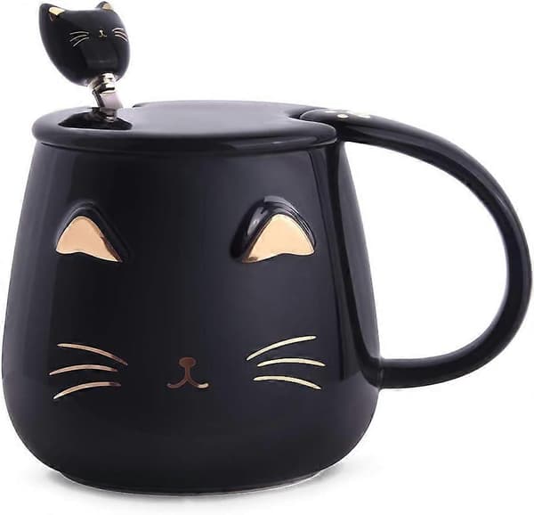 Home Mug, Cute Ceramic Coffee Mug with Stainless Steel Spoon, Novelty Coffee Mug (Black Cat)